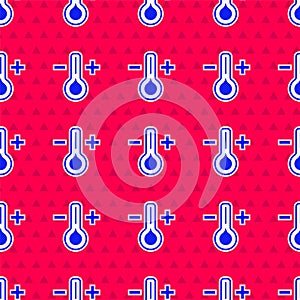 Blue Meteorology thermometer measuring icon isolated seamless pattern on red background. Thermometer equipment showing