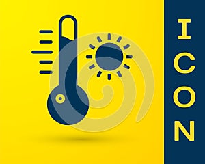 Blue Meteorology thermometer measuring icon isolated on yellow background. Thermometer equipment showing hot or cold weather.