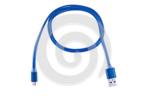 Blue micro-usb cable twisted into a ring, on a white isolated background. Horizontal frame