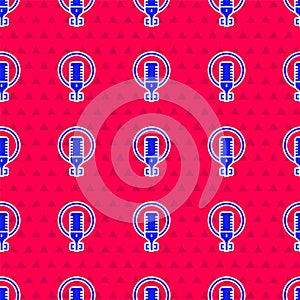 Blue Microphone icon isolated seamless pattern on red background. On air radio mic microphone. Speaker sign. Vector