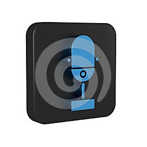 Blue Microphone icon isolated on transparent background. On air radio mic microphone. Speaker sign. Black square button.