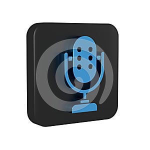 Blue Microphone icon isolated on transparent background. On air radio mic microphone. Speaker sign. Black square button.