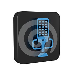 Blue Microphone icon isolated on transparent background. On air radio mic microphone. Speaker sign. Black square button.