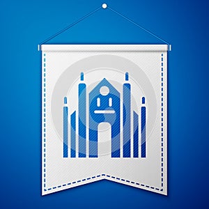Blue Milan Cathedral or Duomo di Milano icon isolated on blue background. Famous landmark of Milan, Italy. White pennant