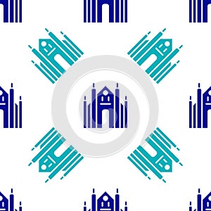 Blue Milan Cathedral or Duomo di Milano icon isolated seamless pattern on white background. Famous landmark of Milan