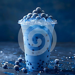 Blue milkshake with bubbles, blueberries, and ice cream in a plastic cup