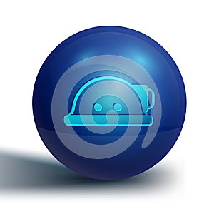 Blue Miner helmet icon isolated on white background. Blue circle button. Vector