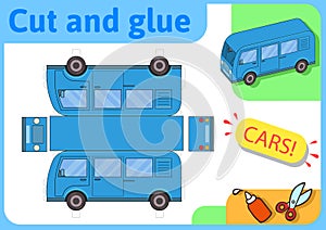 Blue minibus paper model. Small home craft project, paper game. Cut out, fold and glue. Cutouts for children. Vector