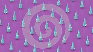 Blue minimalist christmas trees. Glowing decoration, purple background. Abstract animation, 3d render.