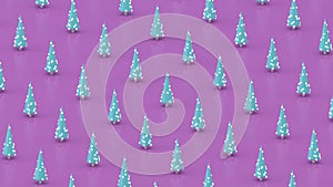 Blue minimalist christmas trees. Glowing decoration, purple background. Abstract illustration, 3d render.