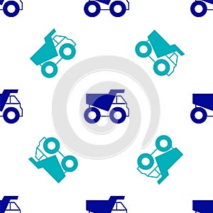 Blue Mining dump truck icon isolated seamless pattern on white background. Vector