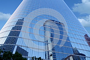 Blue mirror glass facade skyscraper buildings