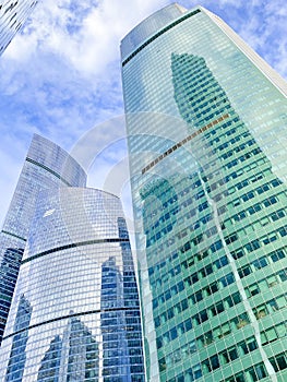 Blue mirror glass facade skyscrapers