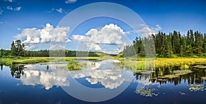 Blue mirror lake reflections of clouds and landscape. Ontario, Canada.