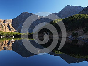 Blue mirror of the lake in the sunset in the mountains