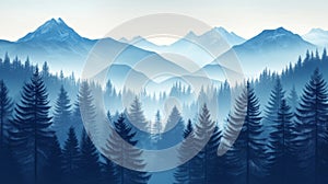 Blue Misty Mountain Range and Forest Landscape