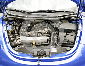 Blue Modern Car Engine Bay.