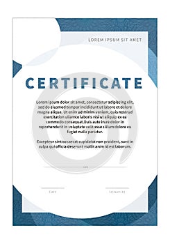 Blue modern certificate with guilloches, vertical template design, blank diploma on white