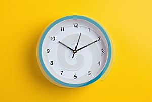 Blue modern clock on yellow color wall background