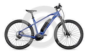 Blue modern mid drive motor e bike pedelec with electric engine middle mount. battery powered ebike isolated white background. photo