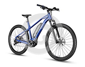 Blue modern mid drive motor e bike pedelec with electric engine middle mount. battery powered ebike isolated white background. photo