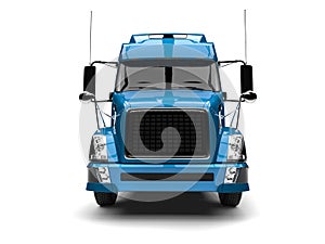 Blue modern semi trailer truck - front view