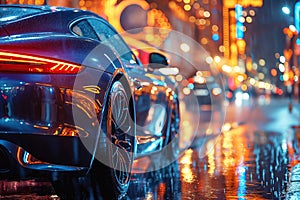 blue modern sports car at night in city with rain. Taillight close up