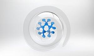 Blue Molecule oil icon isolated on grey background. Structure of molecules in chemistry. Glass circle button. 3D render