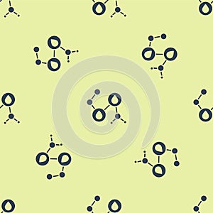 Blue Molecule oil icon isolated seamless pattern on yellow background. Structure of molecules in chemistry. Vector