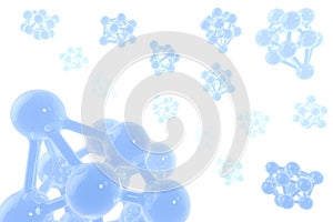 Blue molecules flying in the space solated on white background. Abstract medical or scientific 3d illustration