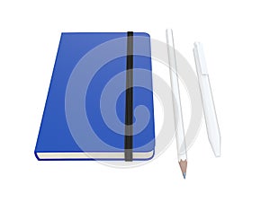 Blue moleskine or notebook with pen and pencil and a black strap front or top view isolated on a white background 3d rendering photo