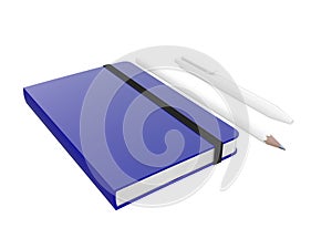 Blue moleskine or notebook with pen and pencil and a black strap front or top view isolated on a white background 3d rendering photo