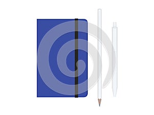 Blue moleskine with pen and pencil and a black strap front or top view isolated on a white background 3d rendering photo