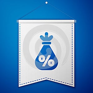 Blue Money bag with percent icon isolated on blue background. Cash Banking currency sign. White pennant template. Vector