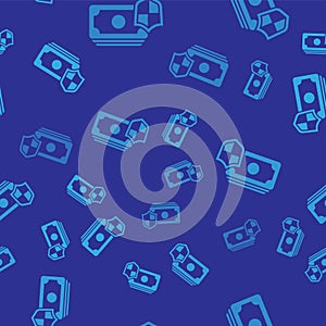 Blue Money with shield icon isolated seamless pattern on blue background. Insurance concept. Security, safety