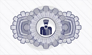 Blue money style emblem or rosette. Vector Illustration. Detailed with man wearing face mask icon inside