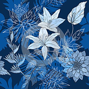Blue monochrome hand draw seamless pattern with tropical flowers, blossom cluster seamless background