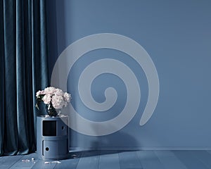 Blue monochrome interior with flowers on a stylish nightstand