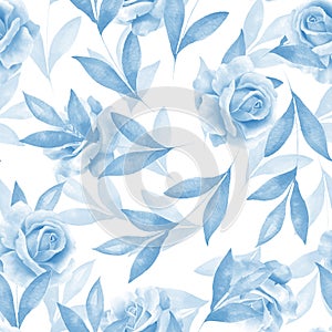 Blue monochrome seamless pattern with rose flowers. Romantic vintage fabric design.