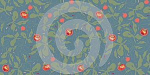 Blue pattern with tomatoe and leaf.