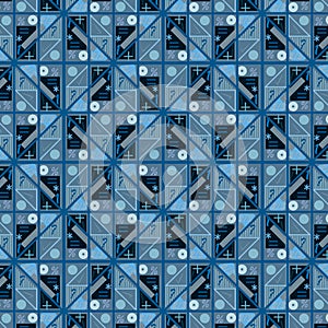 Blue monochromic modern geometric repeating pattern with math symbols