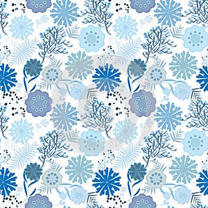 Blue monochromic seamless floral pattern tile in sea and winter colors