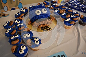 Blue  monster cake and cupcakes