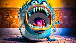 Blue monster with its mouth open and teeth wide open. Generative AI