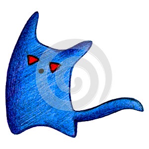 Blue monster with red eyes and a tail draw a pencil