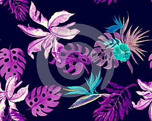 Blue Monstera Background. Indigo Watercolor Leaf. Violet Banana Leaf Painting. Purple Seamless Garden. Pink Pattern Palm. Tropical