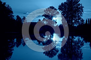 Blue mood sunset over bayou with water reflection photo