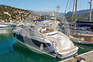 A blue moored motorboat