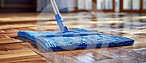 Blue Mop Cleaning Wooden Floor