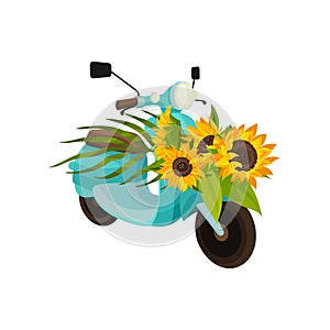 Blue moped with sunflowers. Vector illustration on white background.